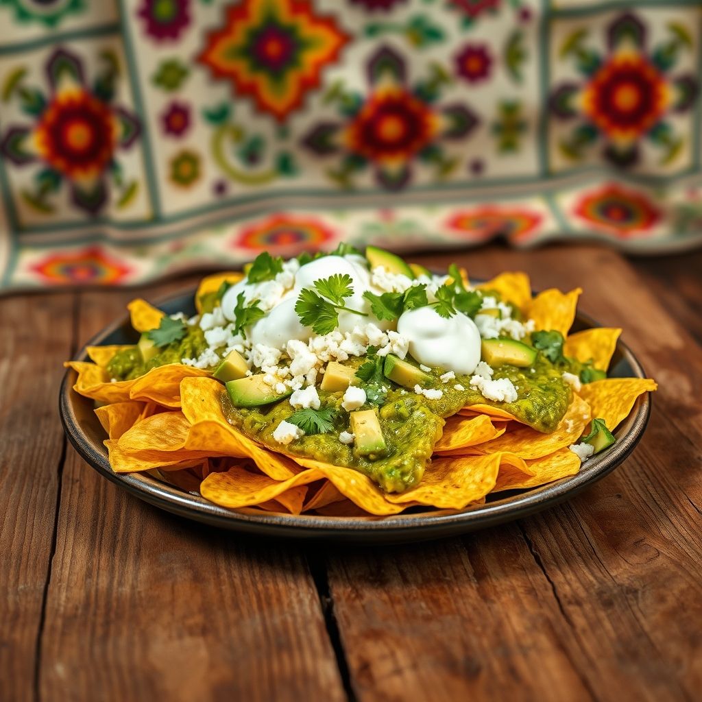 A plate of Chilaquiles Verdes topped with avocado, queso fresco, crema, and cilantro on a rustic wooden table.