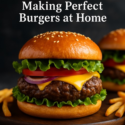 A close-up of a juicy cheeseburger with melted cheese, fresh lettuce, tomato, and onion on a sesame seed brioche bun.