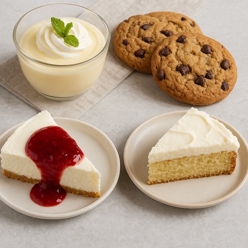 An assortment of four homemade desserts, including vanilla pudding, chocolate chip cookies, a no-bake cheesecake with raspberry sauce, and a slice of sponge cake.