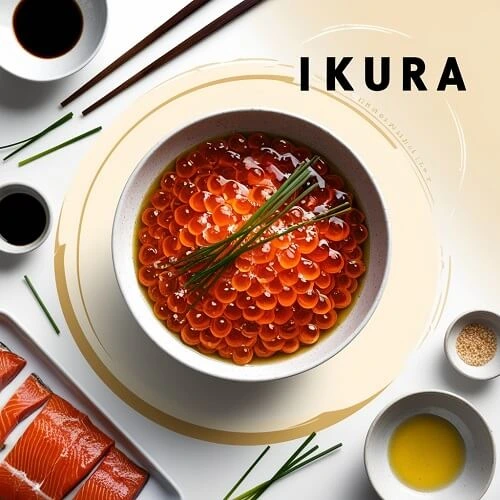 A bowl of vibrant orange salmon roe (ikura) garnished with fresh chives, surrounded by ingredients like salmon slices, soy sauce, sesame seeds, and olive oil.