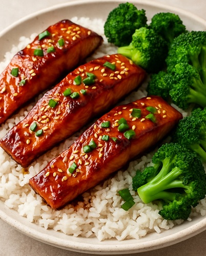 Teriyaki-glazed salmon fillets served with white rice, steamed broccoli, carrots, sesame seeds, and a lemon wedge.
