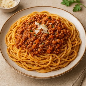 A plate of spaghetti bolognese garnished with parsley and Parmesan cheese, served on a neutral-toned table setting.