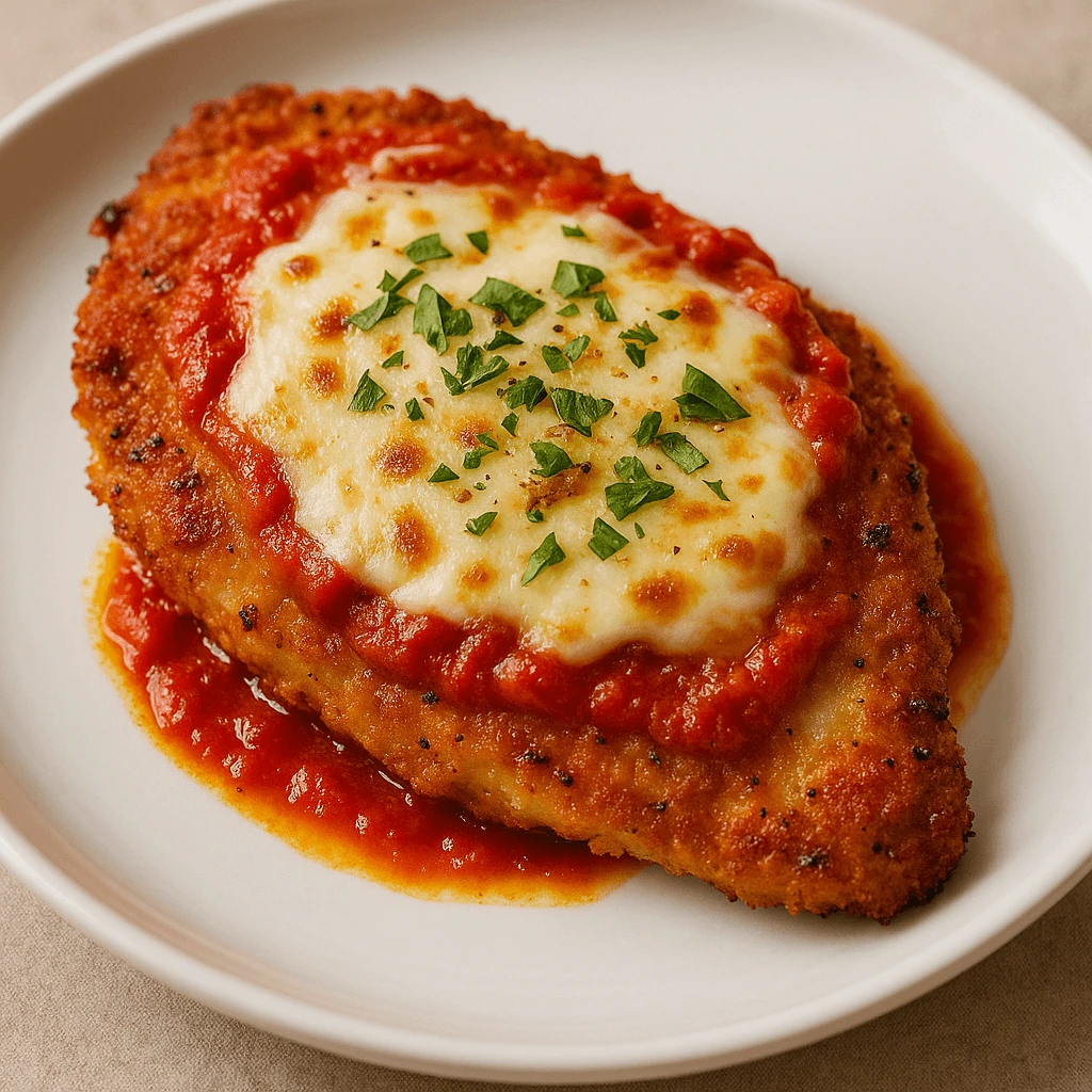Chicken Parmesan served with spaghetti and garlic bread, garnished with fresh basil on a white plate.