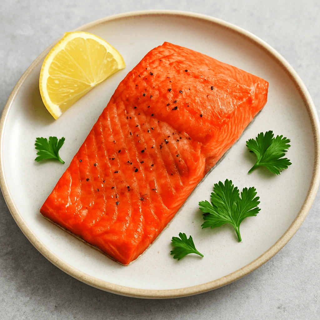 Perfectly cooked sockeye salmon fillet served on a ceramic plate with fresh parsley and a lemon wedge.